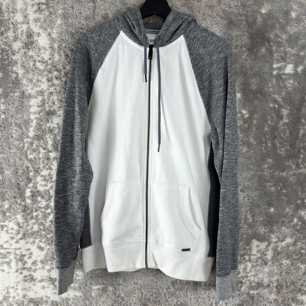 Express Sz M Fleece Hooded Cotton Blend Sweater Full Zip Gray‎ White Long Sleeve